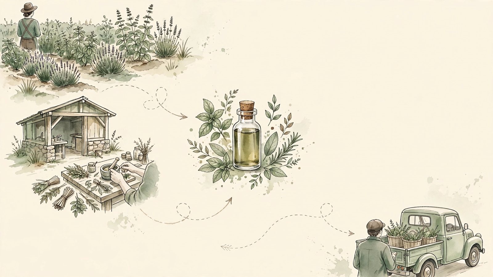 水彩插畫:一瓶香草精油,周圍以虛線畫出從田間、加工到貨車運送的路徑,示意產品碳足跡的盤查邊界
