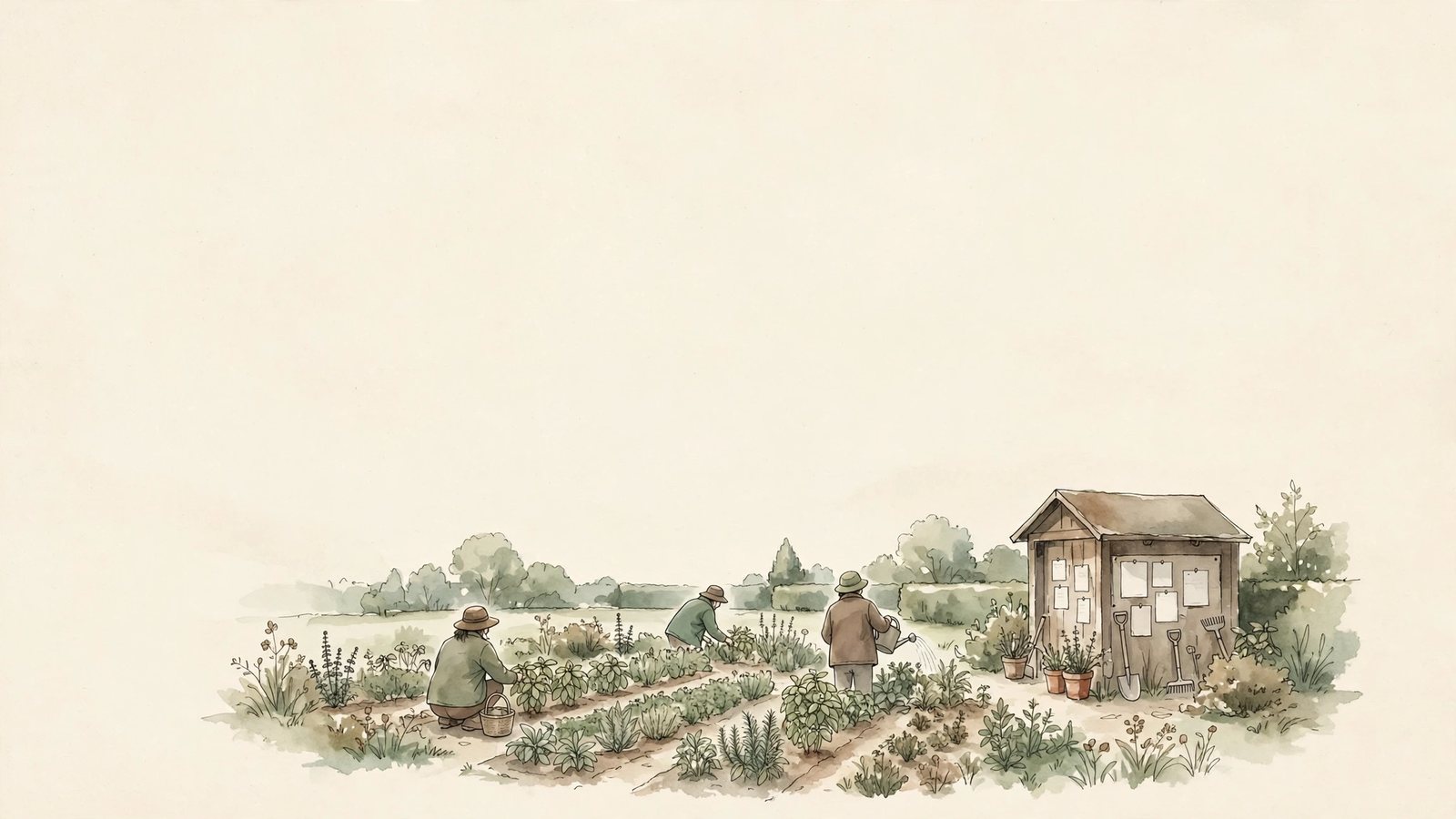 水彩插畫：遠看社區農園，幾位農友在香草田工作，一旁小屋貼著公告，示意社會面的在地參與