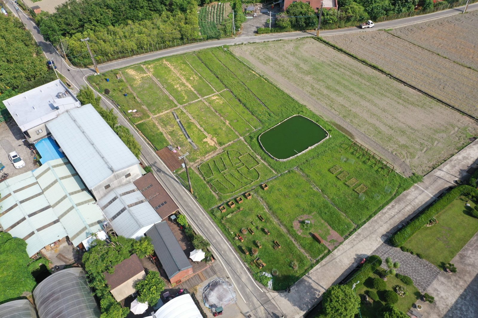 Aerial view of the farm and surrounding greenhouses