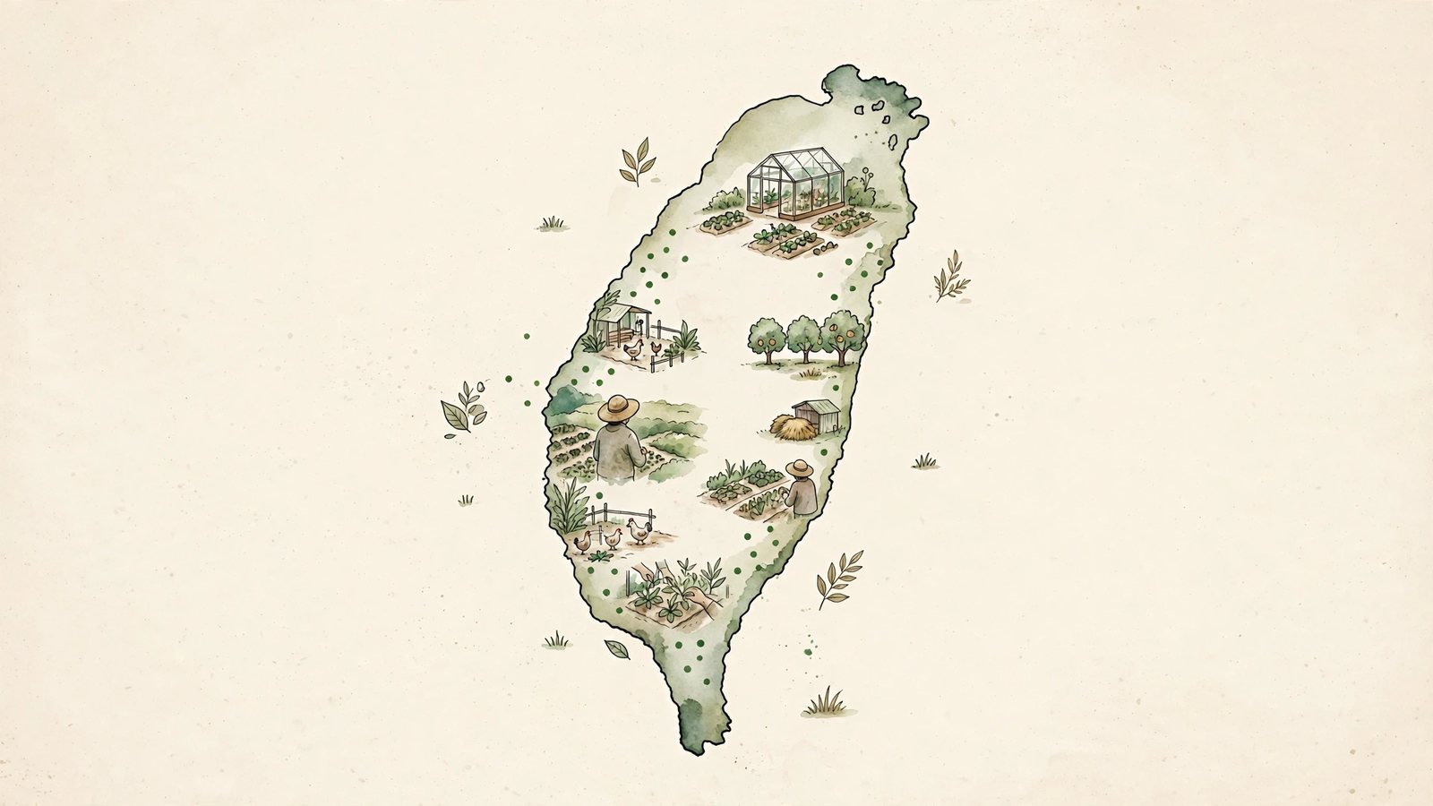 水彩插畫：台灣地圖上分布著幾座小農場與一座溫室，示意分散在各縣市的社福機構合作農場