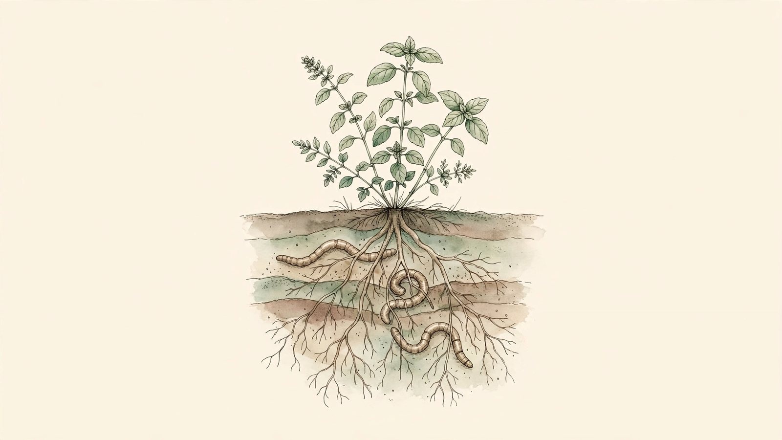 水彩插畫：香草植株下方的土壤剖面，有根系與蚯蚓，示意土壤中的碳與農業碳權的判斷